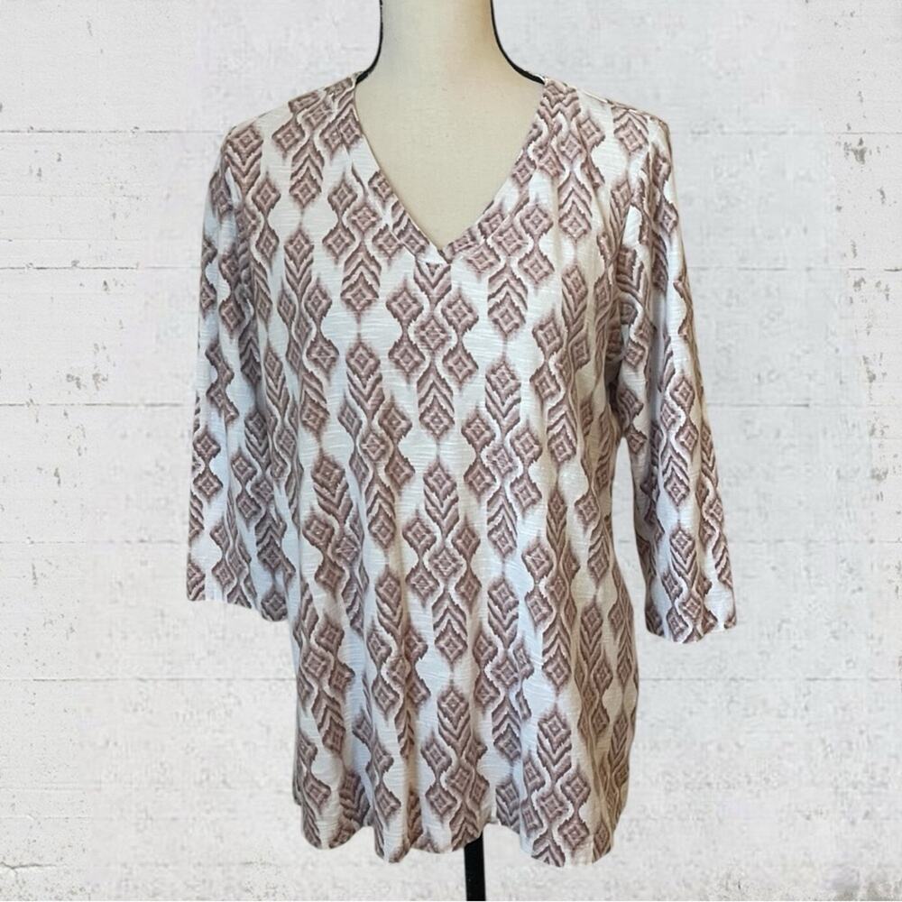 J. Jill Top Women Pullover Ikat Geometric 3/4 Sleeve V-Neck Shirt Size M - Picture 2 of 7
